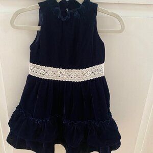 Janie and Jack Navy Velvet Dress with Crochet Waist, Lined, Size 3